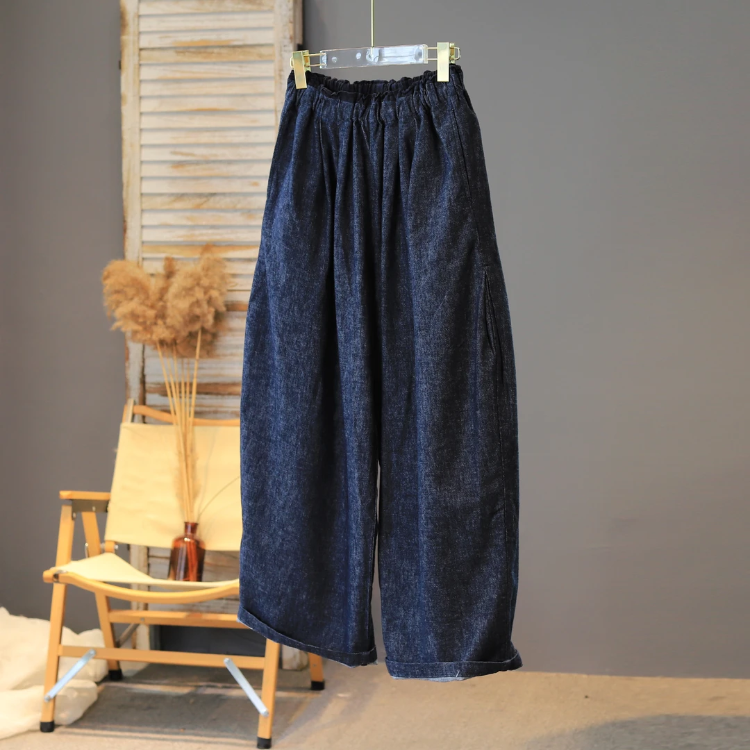 秋季上新2025拼接宽松棉麻时尚复古牛仔休闲裤个性褶皱显瘦百搭女