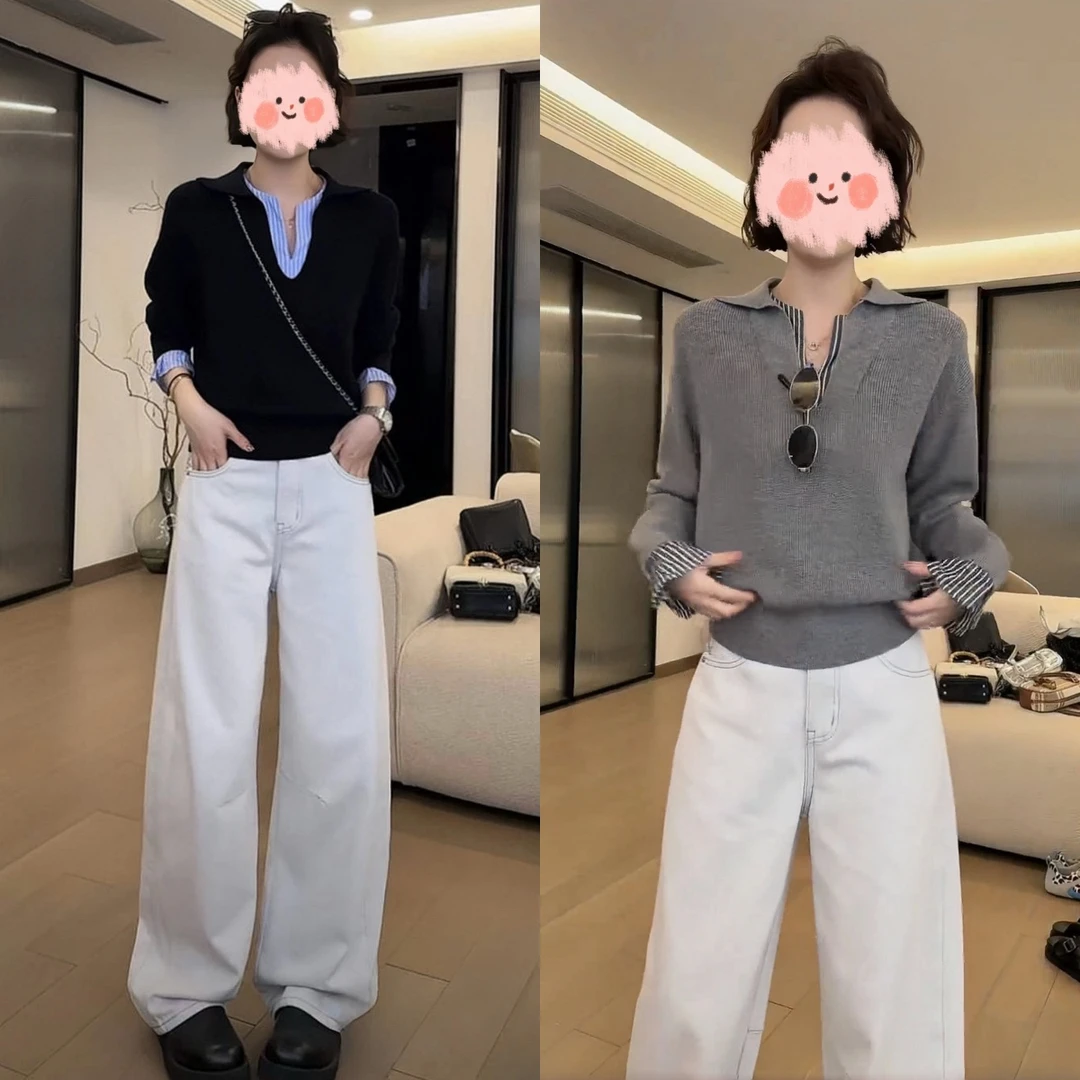 早春绝美一整套女装洋气休闲拼接V领针织衫别致牛仔裤两件套百搭