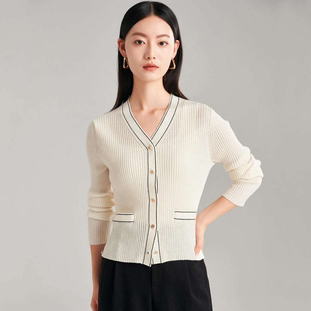 PALUOPO/帕罗V领针织开衫撞色显瘦羊毛衫 ET22171Y-A1