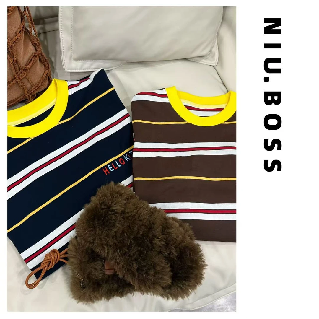 Three Ten. N大码270斤“美式复古”撞色条纹Kitty刺绣印花卫衣T