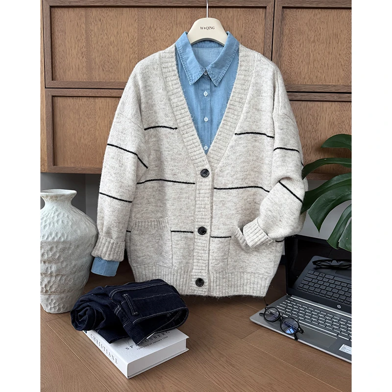 【丹姐家~V领条纹~】慵懒风软糯针织开衫外套