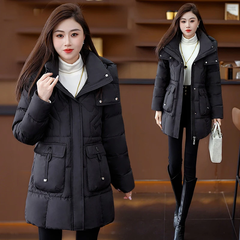 韩版修身连帽中长款棉服女2025冬季新款加厚保暖减龄百搭棉衣外套
