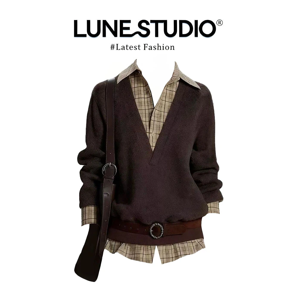 parkyeon美拉德穿搭时尚格纹领拼接假两件针织上衣女秋季宽松毛衣