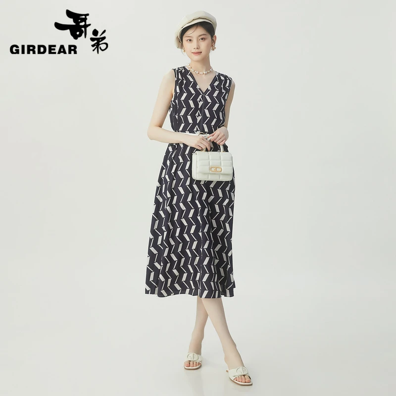 哥弟蓝色法式V领宽松休闲无袖赫本春秋女士碎花连衣裙1500513