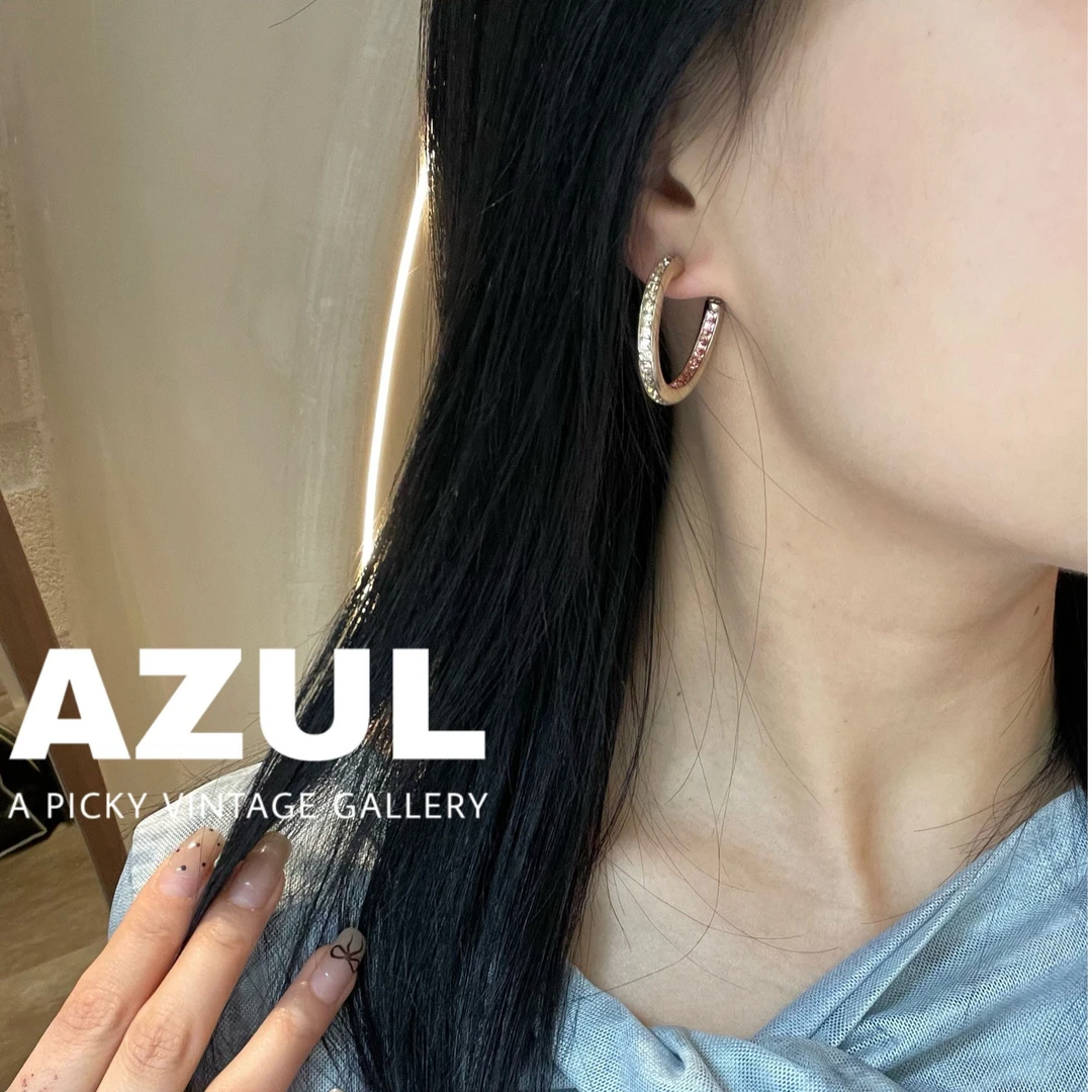 95新 Chanel/香奈儿 Azul-16C浅金色双C渐变粉钻耳圈耳钉/49847