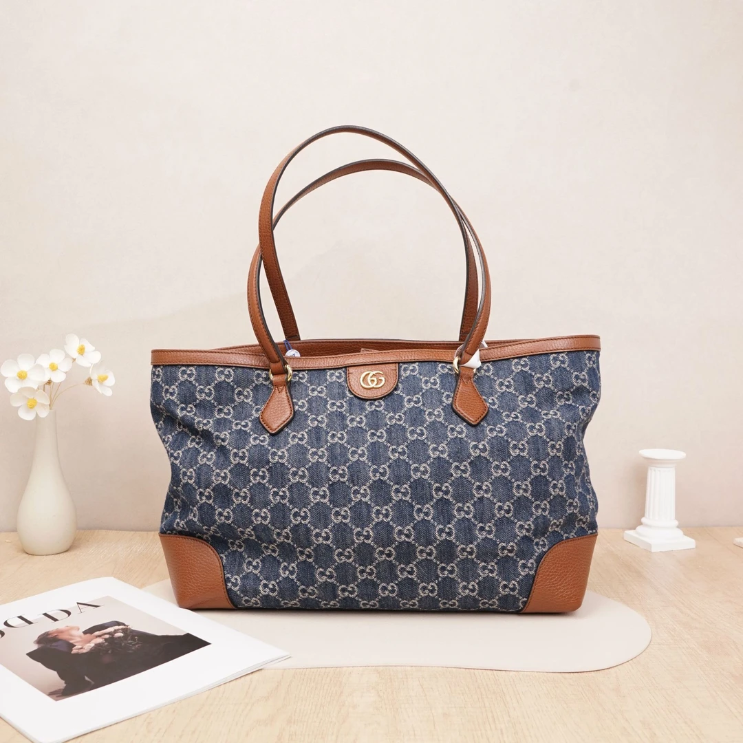 95新 GUCCI/古驰 古驰牛仔托特深蓝色牛仔布/37*14*26DS024418