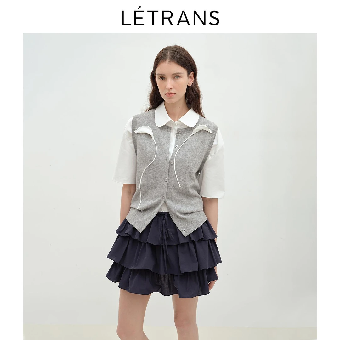 元一Letrans 无瑕之境 微宽松圆领立体马蹄莲直身型针织马甲