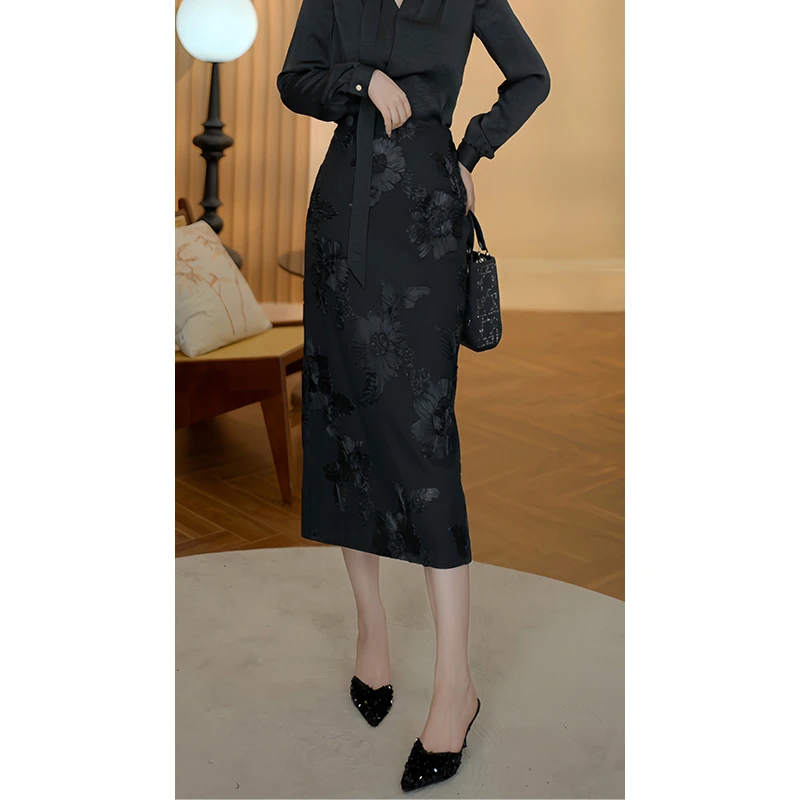 格娜新款早秋复古重工绣花气质开叉中式显瘦中长款修身半身裙