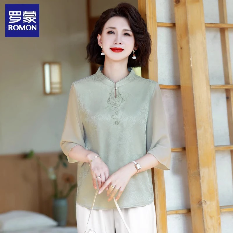 罗蒙新中式妈妈夏装雪纺衫上衣2025新款中老年人女中国民族风套装
