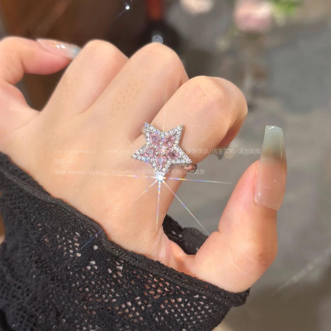 铜合金合成锆石戒指 C460轻奢粉钻五角星开口戒指女甜美微镶气质