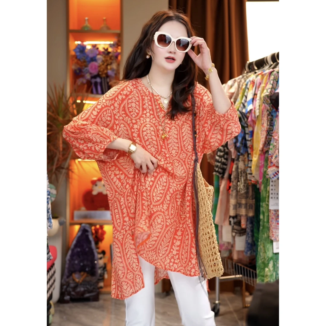 【丝芙玉禄】（A173）真丝双绉设计师橘红上衣裙显瘦桑蚕丝衬衫上衣