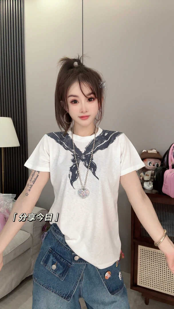 【王小小8372】假系带圆领短袖T恤时尚百搭上衣
