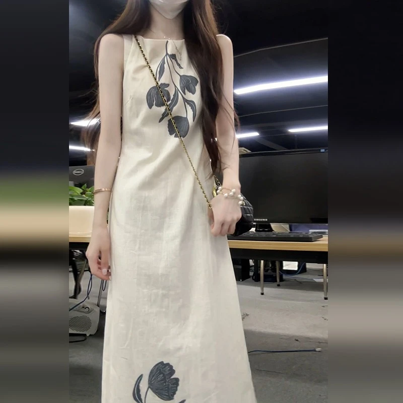 新中式女装气质复古印花连衣裙夏季小众设计慵懒度假风背心长裙子
