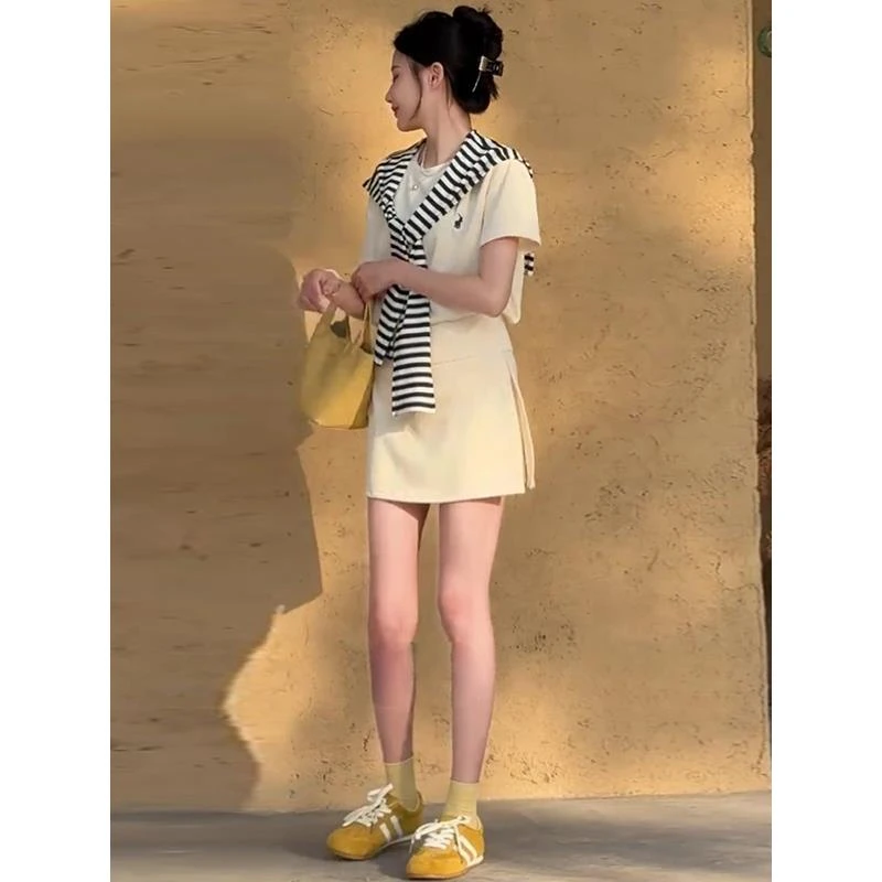 韩系小众休闲运动套装女夏季洋气短袖上衣外搭气质披肩裙裤三件套