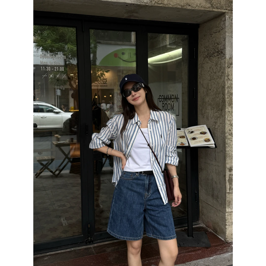 L夫家【纽斯之语】“99亚麻”极简人字马休闲蓝条纹百搭长袖衬衫21495