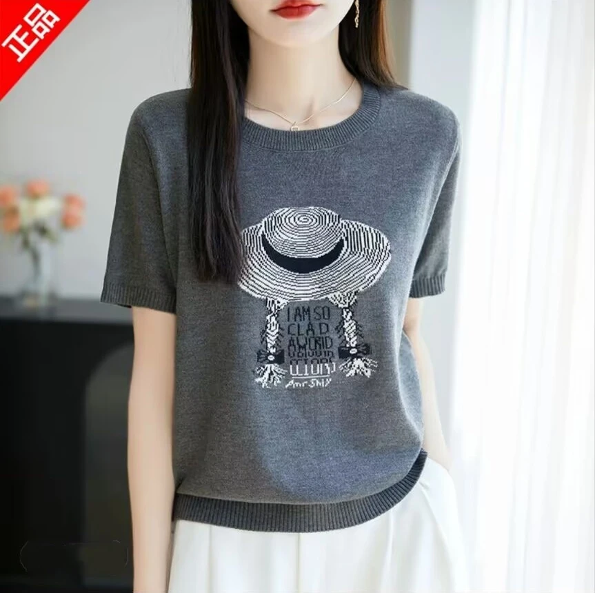 正品2025夏季新款莱赛尔针织衫T恤时尚刺绣草帽短袖女