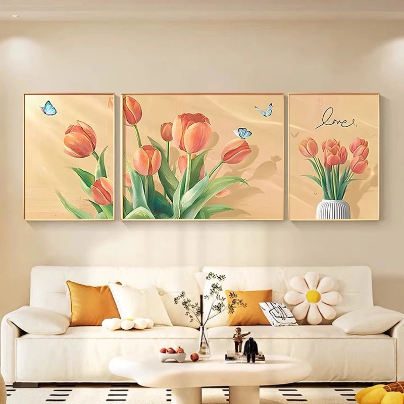 纯手工十字绣成品郁金香三联画满绣风景画餐厅卧室刺绣装饰画