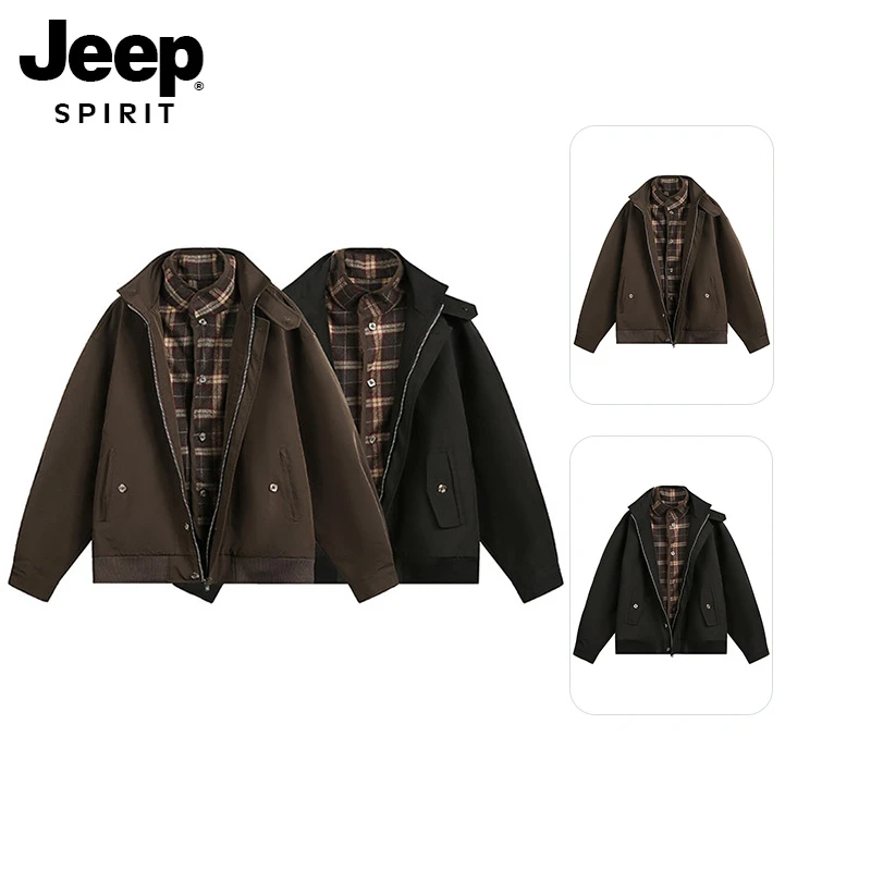 春秋牛仔爆款夏男 JEEPSPIRIT美式格纹假两件外套感美拉德夹克