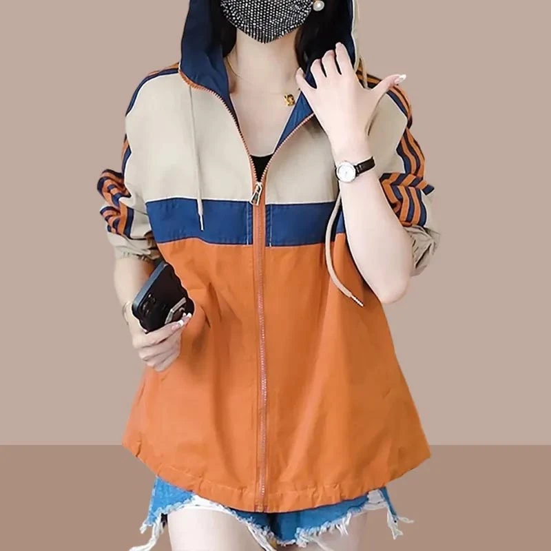 2025年夏季新款拼接拉链外套防晒衣韩版时尚气质个性高级感连帽女