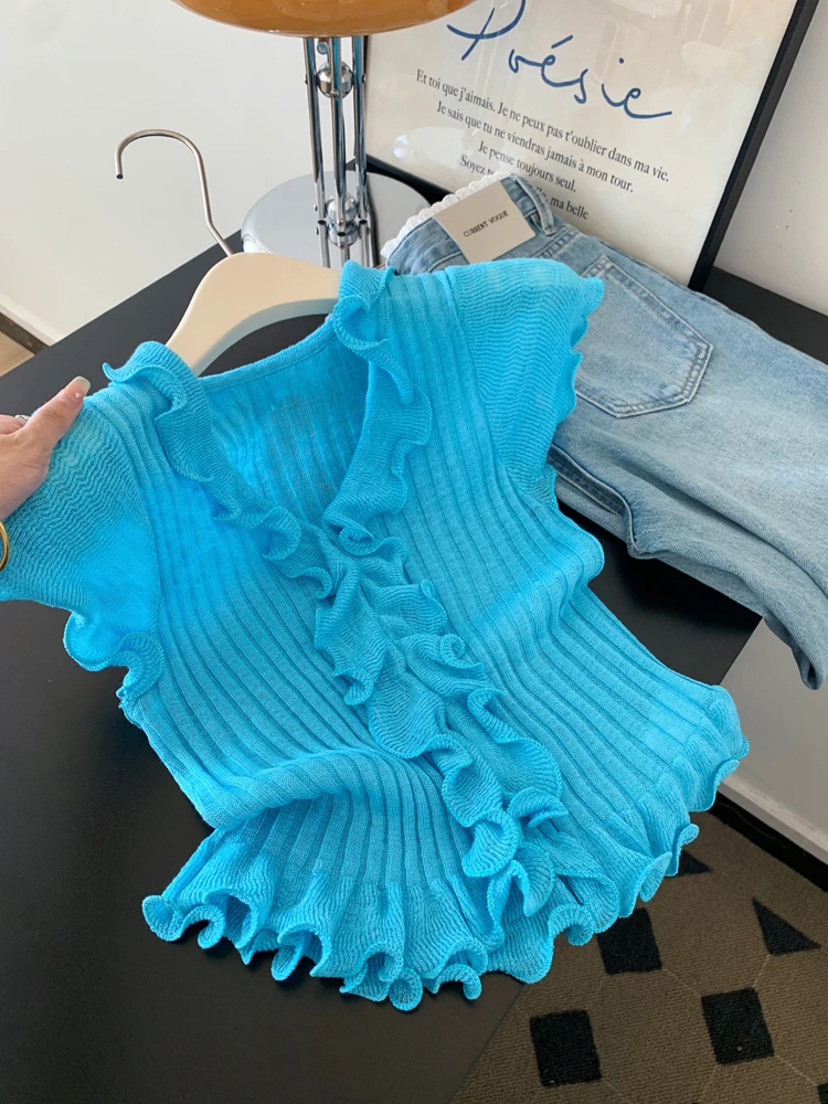 蓝色冰丝针织短袖t恤女小个子短款飞袖正肩直筒多巴胺设计感上衣