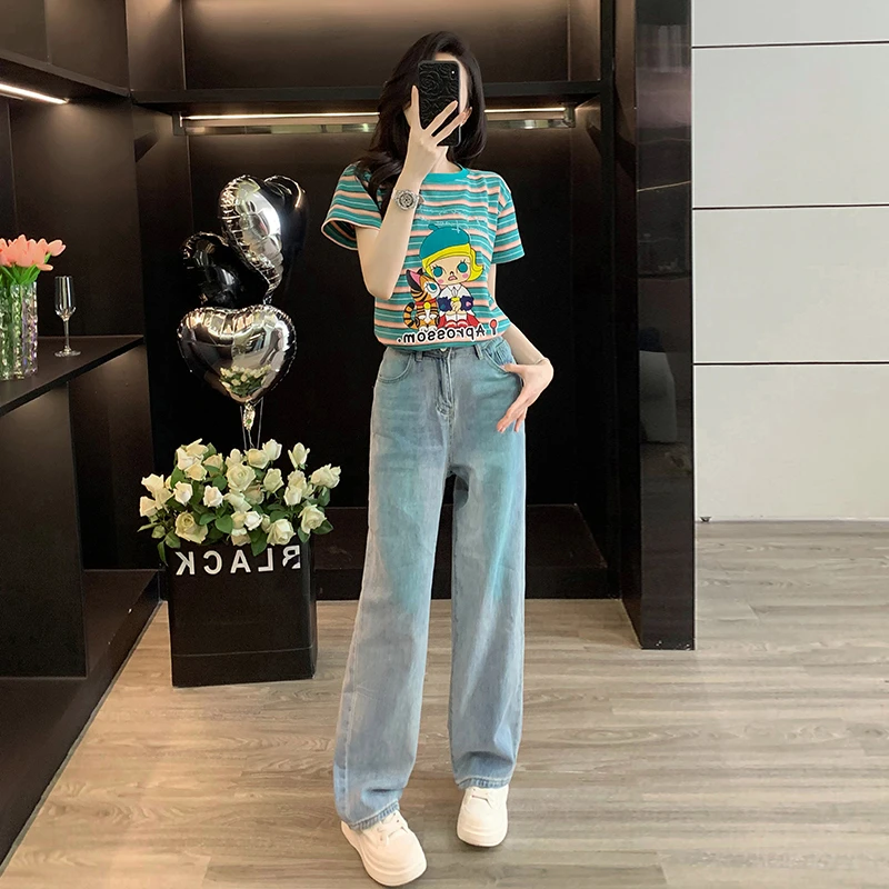 夏季韩版彩色条纹短袖T恤女宽松减龄直筒牛仔裤显瘦减龄时尚套装
