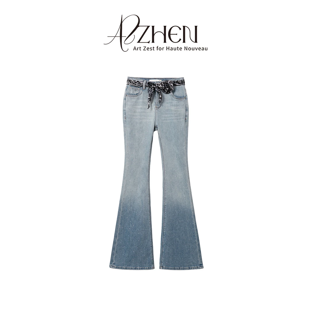 AZZHEN【氧气星河】微喇高腰显瘦直筒烫钻牛仔裤女款AZ4KNK11-00