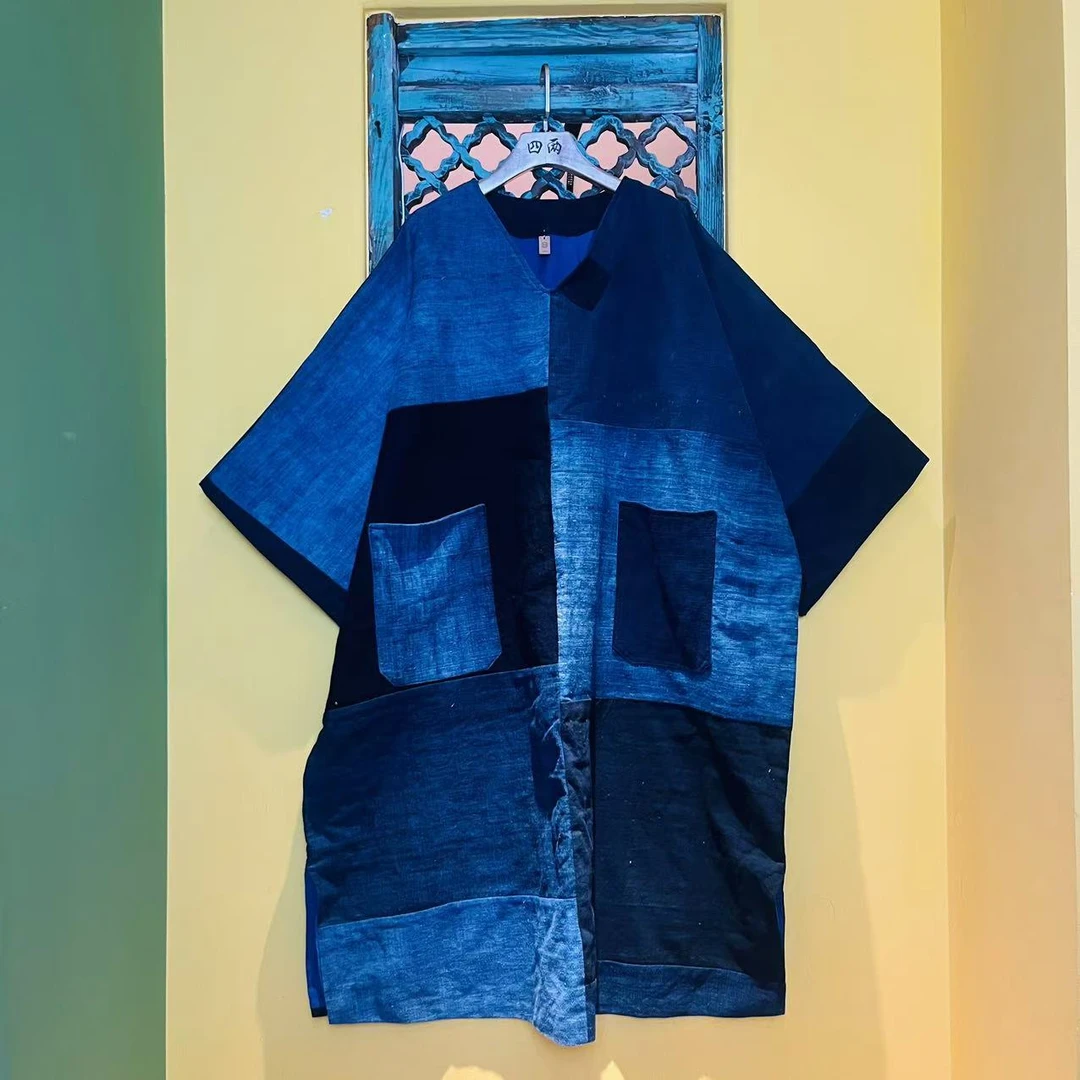 四两民族风土布中长款V领大袖头连衣裙