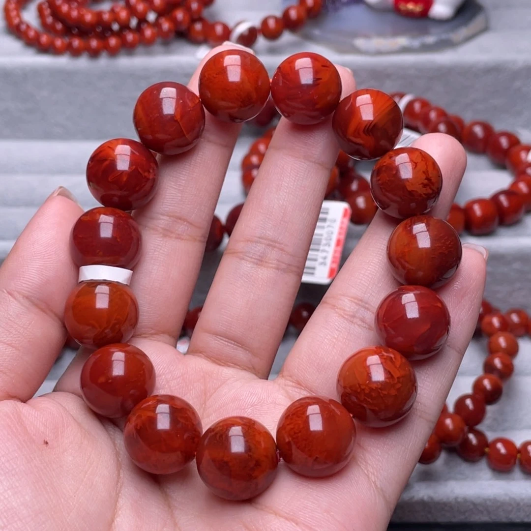 南红玛瑙其他未镶嵌典藏级瓦西15.4mm牛血红火焰纹圆珠手串