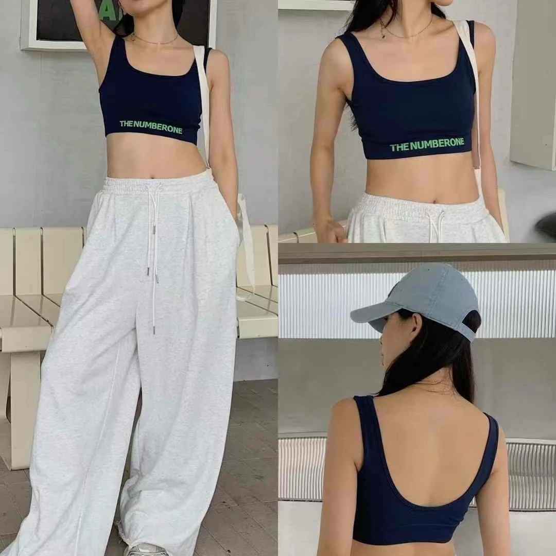 短款宽肩带固定杯吊带背心