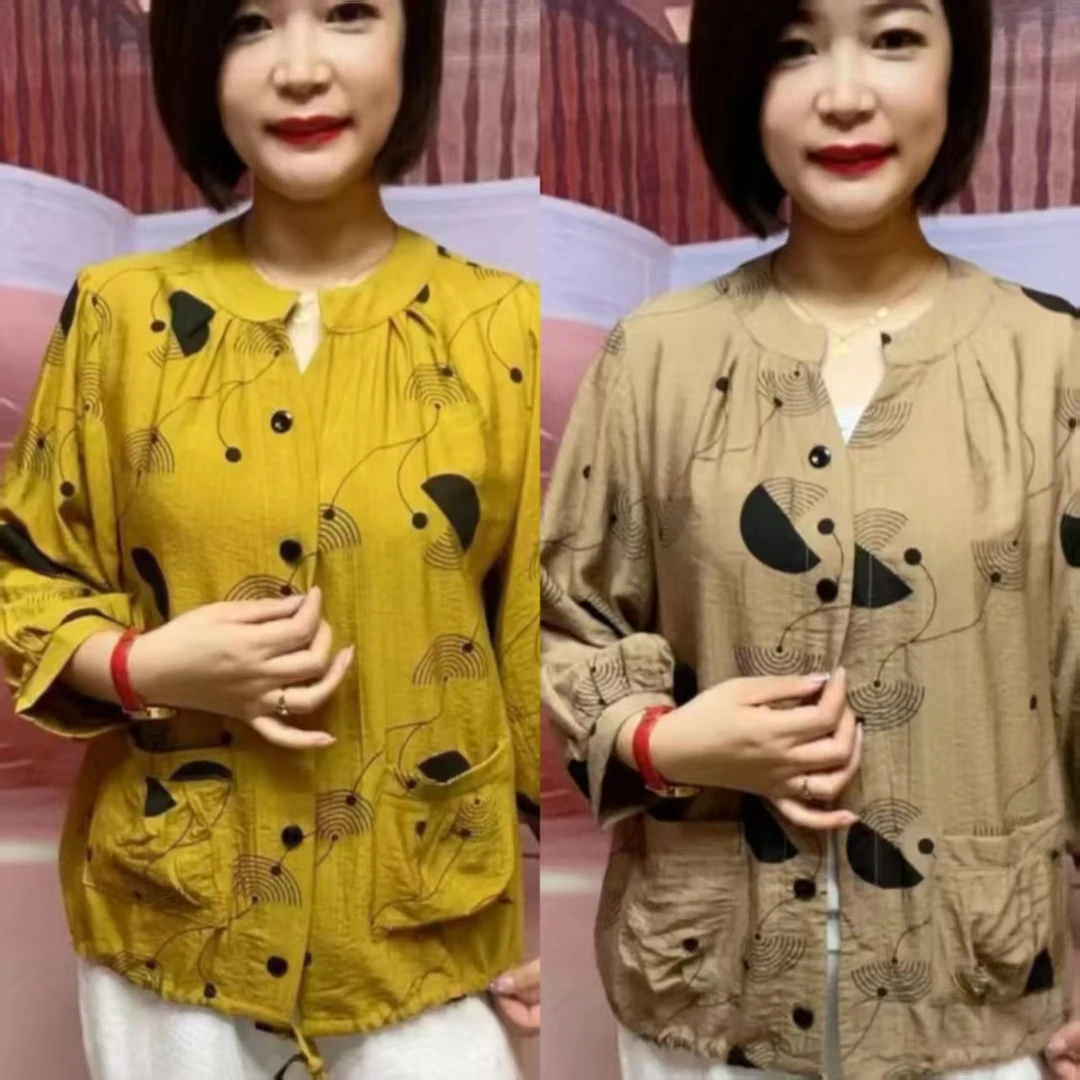 立领衬衫印花气质妈妈装短款女装显瘦简约洋气长袖薄款妈妈装上衣