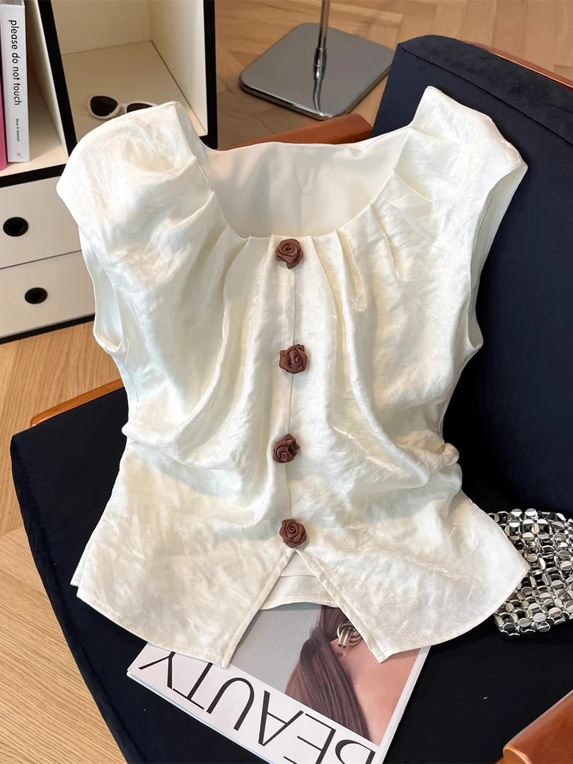 2025年夏装新款法式甜美立体花朵无袖衬衫女宽松显瘦百搭洋气上衣