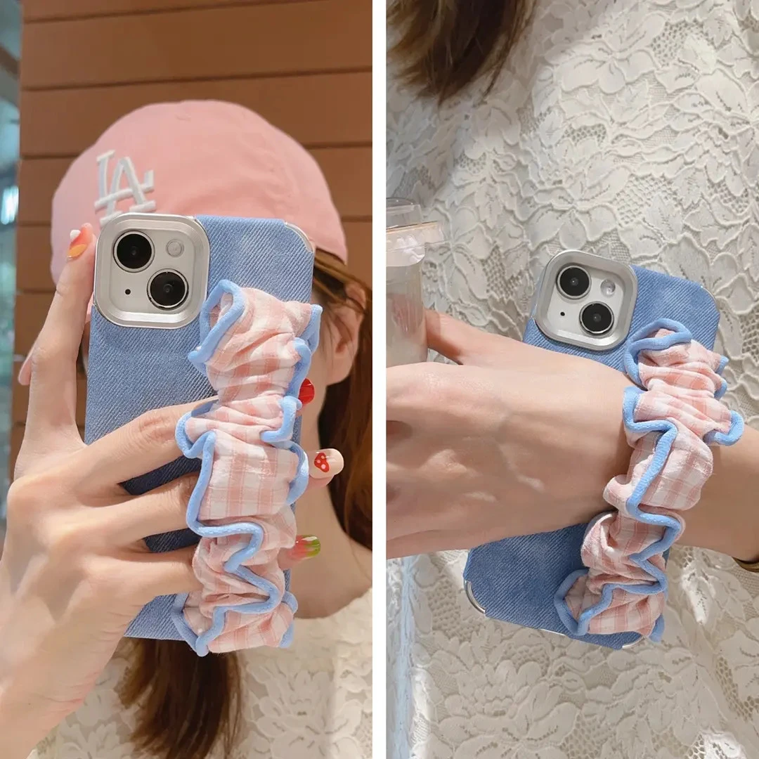 清爽撞色格纹大肠发圈弹力腕带适用iphone16promax苹果15/14/13