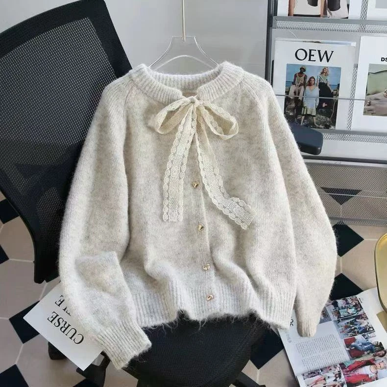 设计感气质系带蝴蝶结V领针织混纺毛衣开衫洋气减龄秋冬针织衫女