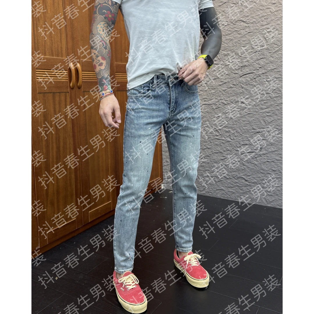 2025秋冬新品时尚休闲百搭泼墨男士修身小脚牛仔裤1553
