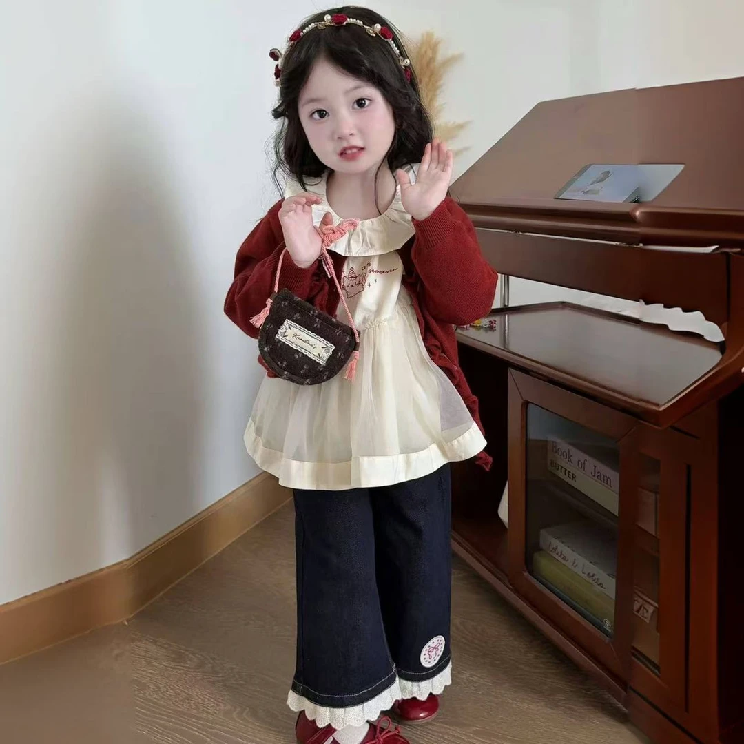 公主风女少女风圆领条纹常规毛衣红色女童甜辣套装三件套