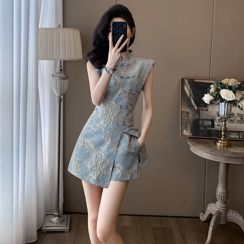 夏季时尚无袖复古短裤两件套女小个子气质名媛御姐新中式国风套装