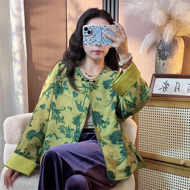 『芳菲』宋锦浮光锦香云纱圆领开襟长袖奥黛中长款女上衣