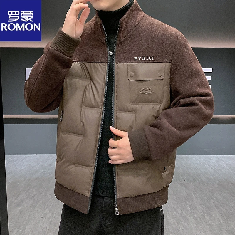 罗蒙2025冬季立领短款毛呢拼接高档棉服外套男士宽松加厚保暖男装