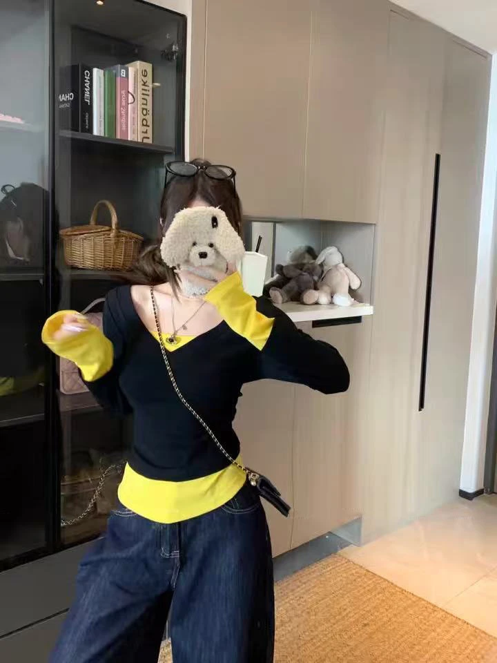 秋季性感轻熟风保暖打底衫女撞色个性拼接假两件显瘦上衣840236
