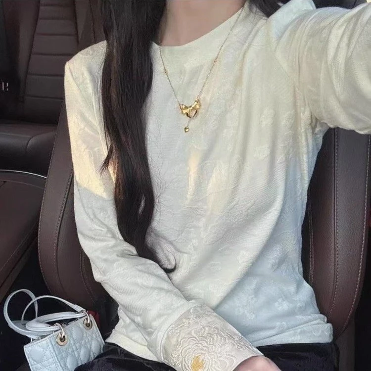 新中式国风刺绣牡丹花长袖T恤女早春提花磨毛打底衫百搭上衣女装