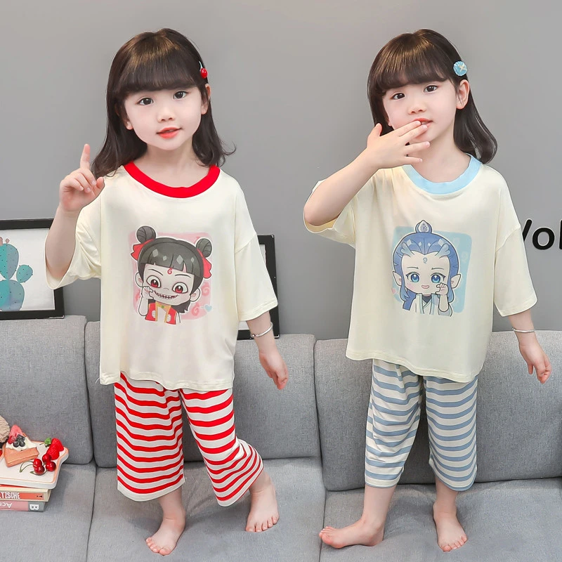 女童睡衣夏季薄款空调服女孩莫代尔七分袖儿童哪吒卡通家居服套装
