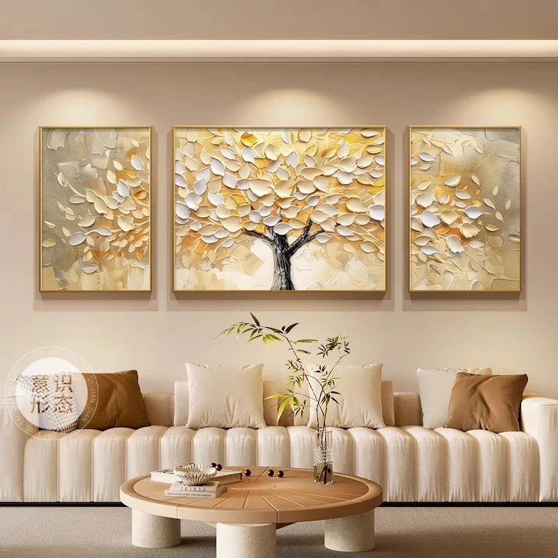 发财树客厅装饰画2025新款高级感沙发背景墙挂画手绘油画三联壁画