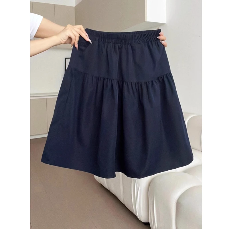 夏季藏蓝色花苞裙a字半身裙女装小个子短裙子高腰半裙蓬蓬裙伞裙