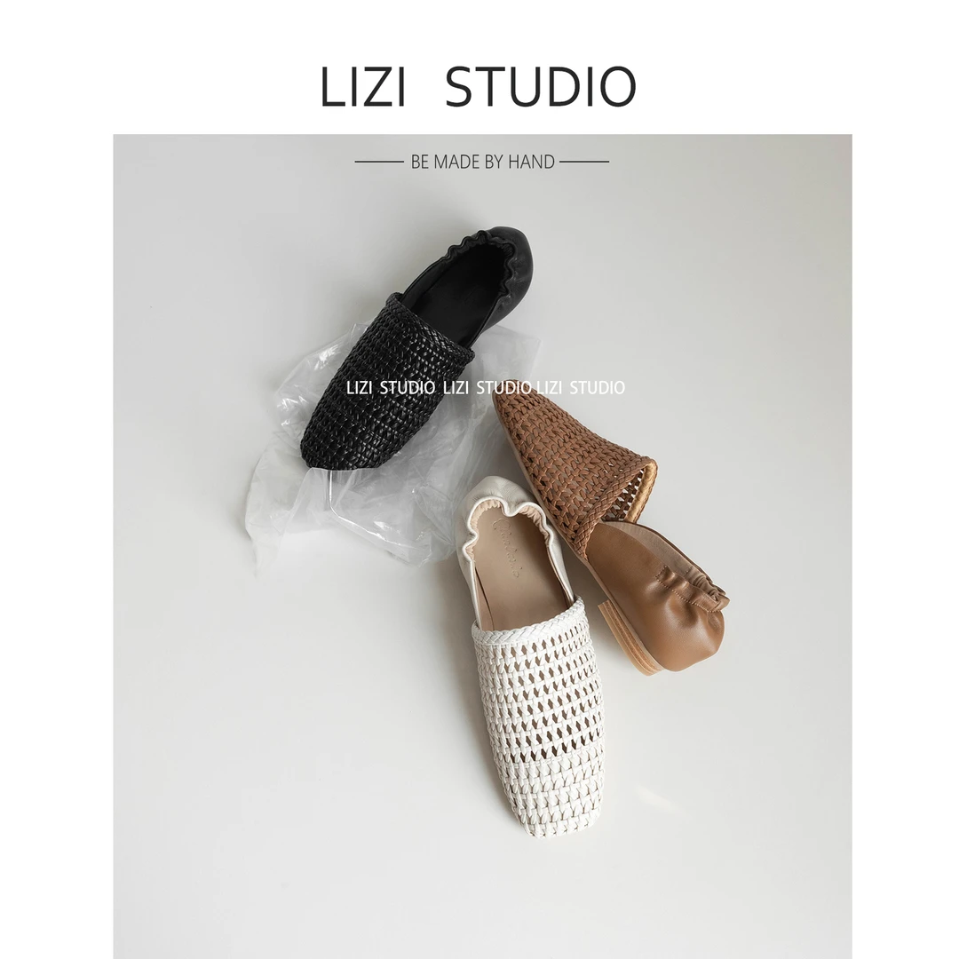 【栗子】3cm复古一脚蹬镂空透气编织洞洞方头凉鞋