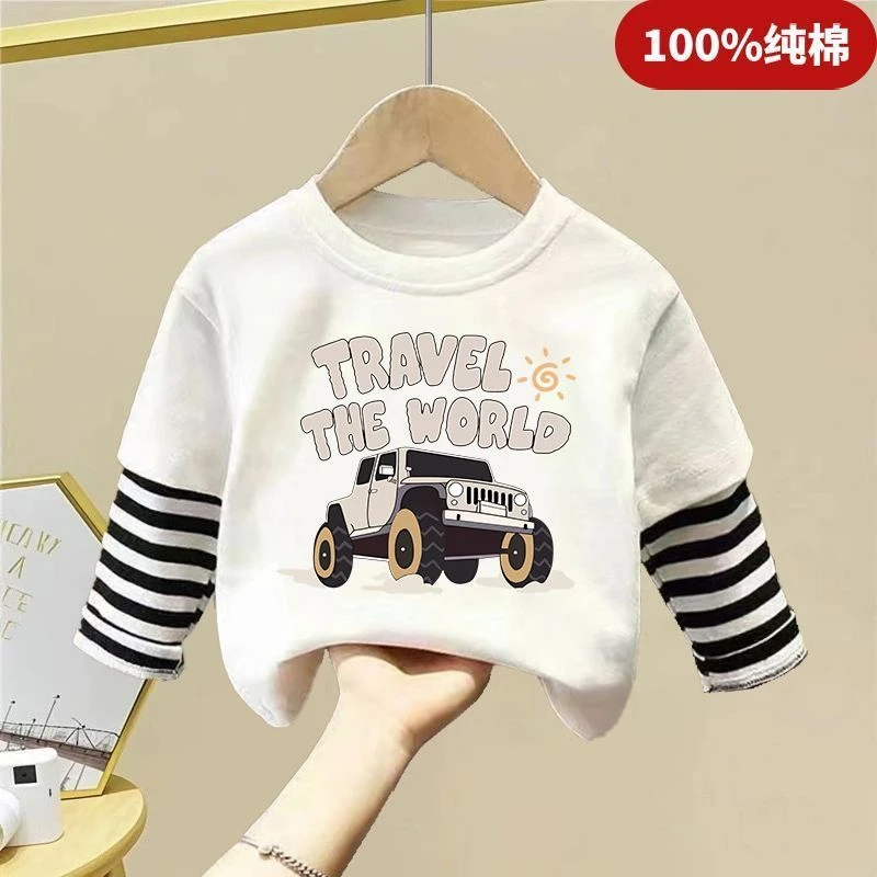 纯棉男女童长袖T恤2025春秋新款儿童春秋上衣宝宝韩版洋气假两件t