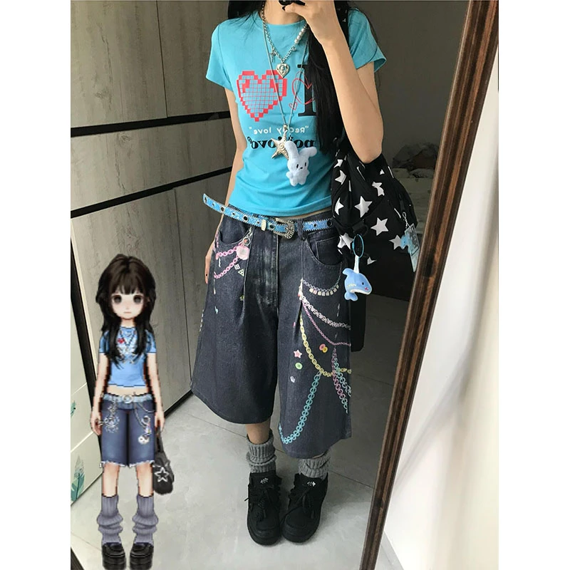 韩系爱心印花短袖t恤女夏季新款修身辣妹正肩短款蓝色圆领上衣