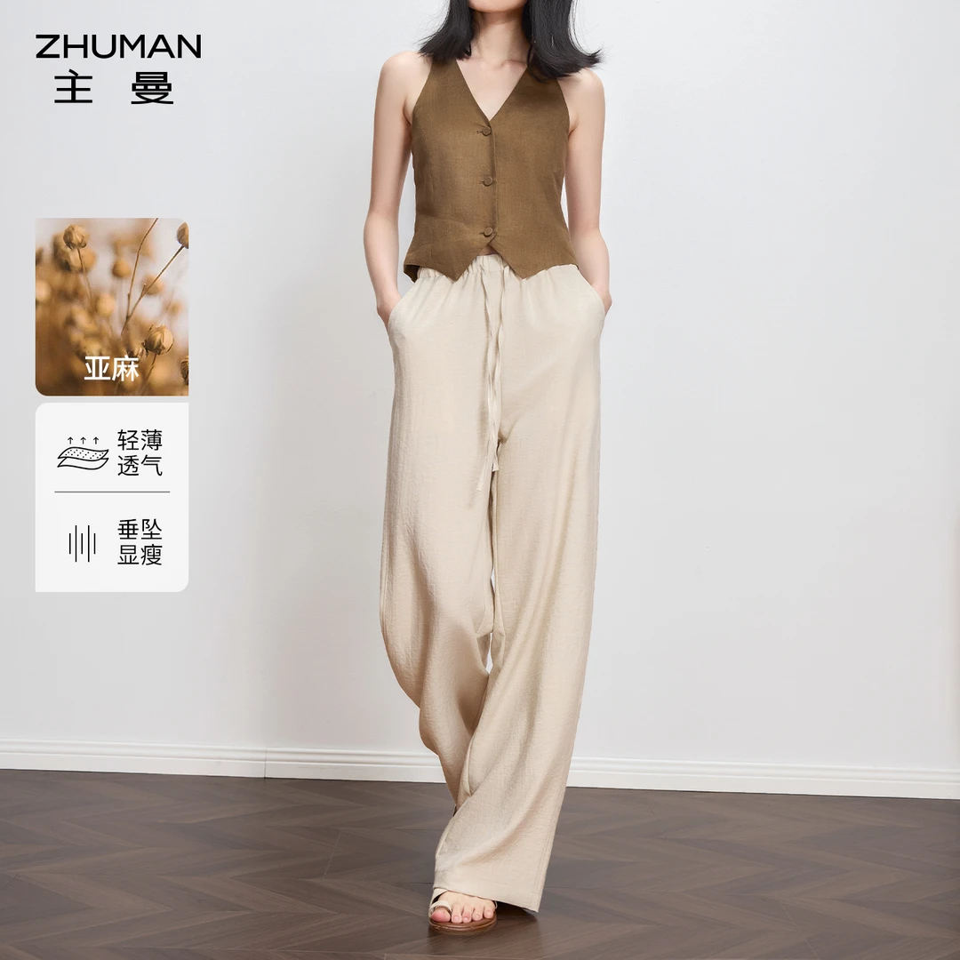 主曼泡泡纱清凉显瘦亚麻高腰阔腿裤女25年夏新款休闲轻薄复古遮肉