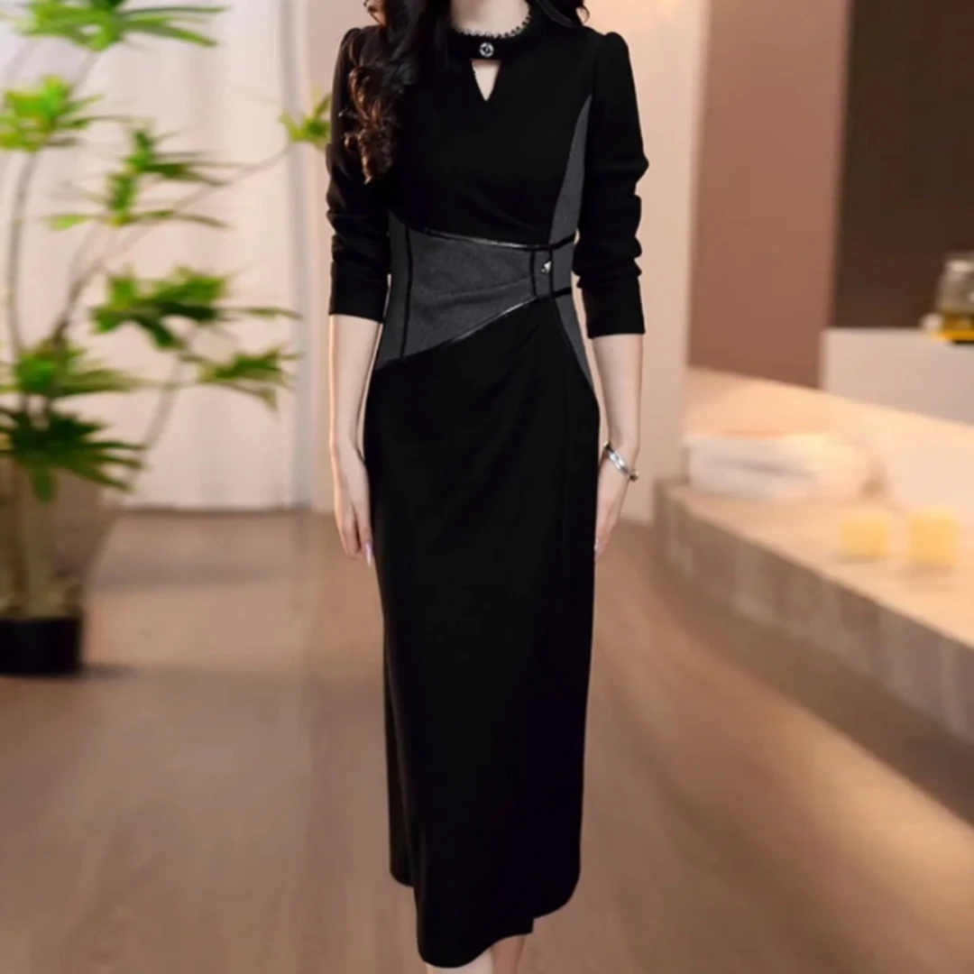 彬彬家秋冬季小香风轻奢腰部拼接设计收腰显瘦长袖气质连衣裙565