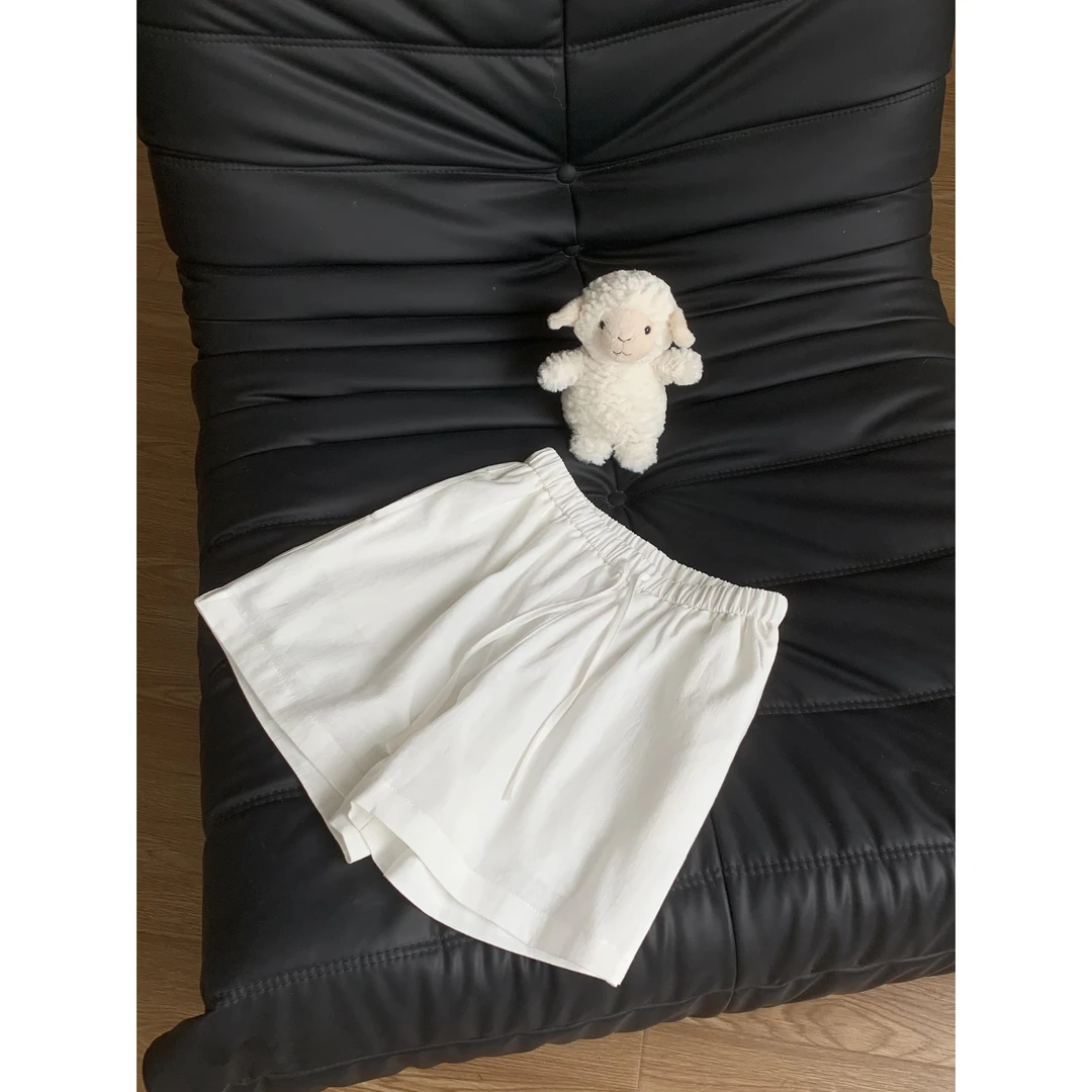 夏季薄款亚麻松紧腰抽绳直筒阔腿休闲白色宽松简约短裤百搭显瘦