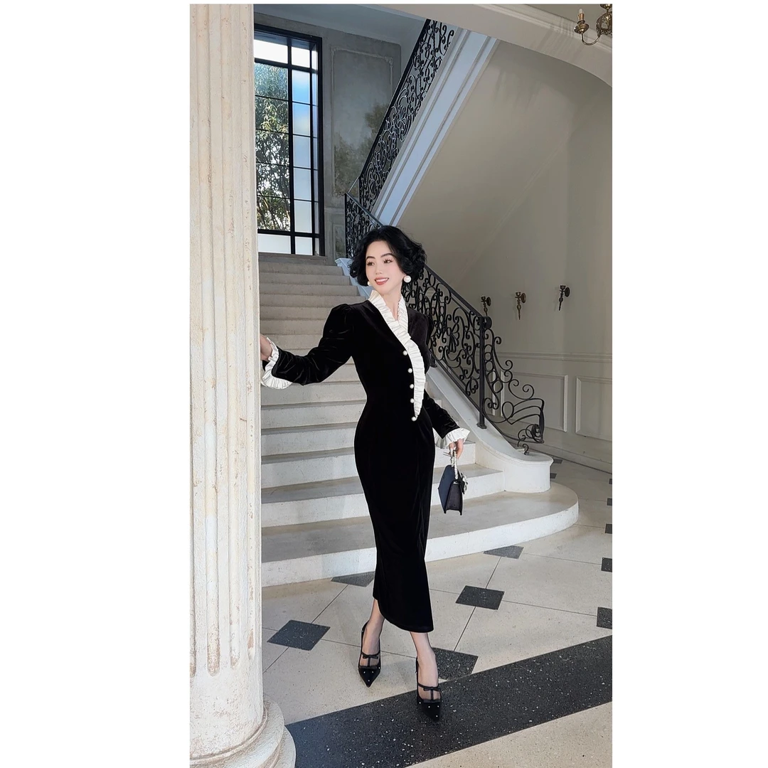 LYXJ【维也纳夜幕】拼接长袖显瘦开叉修身连衣裙11654